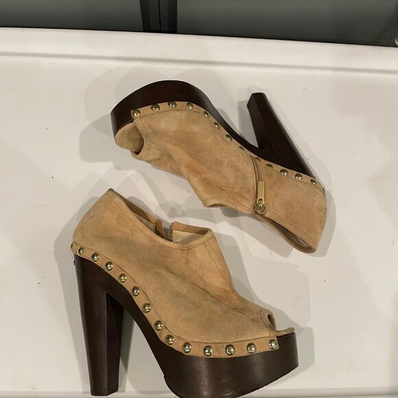 Used Jimmy Choo - Beige Studded Suede Leather Peep Toe Clog Boots (US 9) - Picture 4 of 7